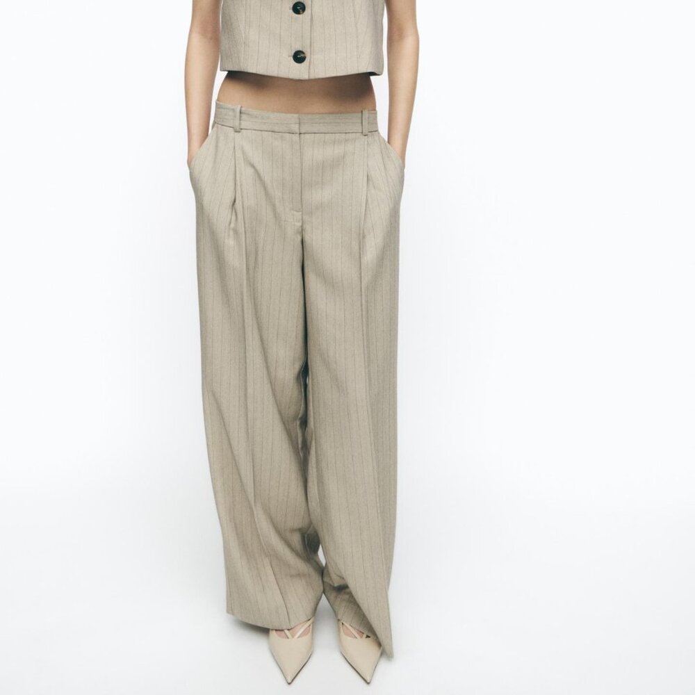 NWT ZARA STRIPED HERRINGBONE PANTS STONE